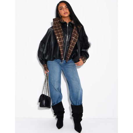 Faux leather jacket with plaid collar and cuffs