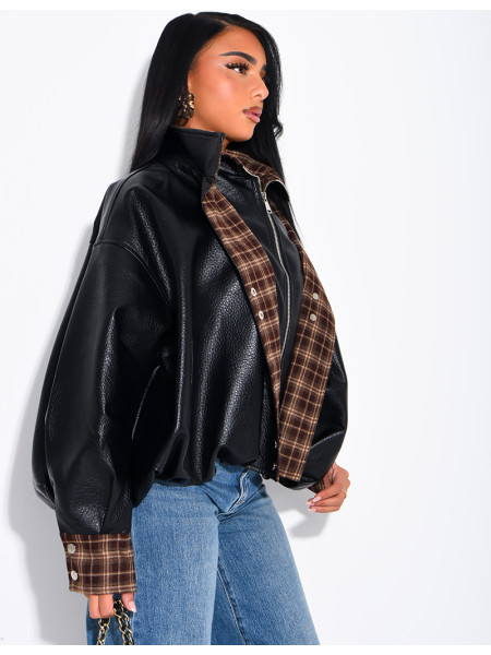 Faux leather jacket with plaid collar and cuffs