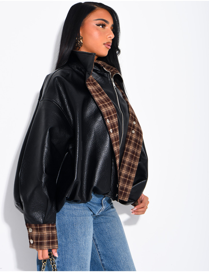 Faux leather jacket with plaid collar and cuffs