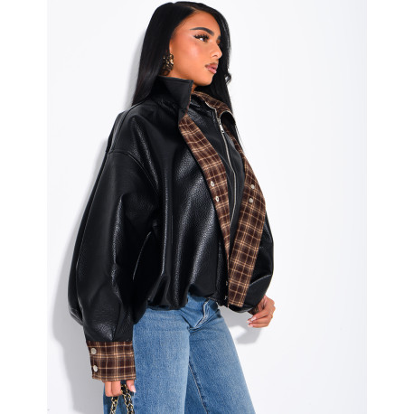 Faux leather jacket with plaid collar and cuffs