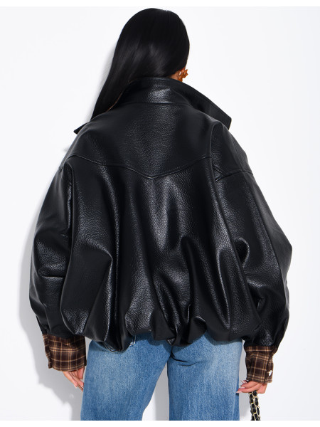 Faux leather jacket with plaid collar and cuffs