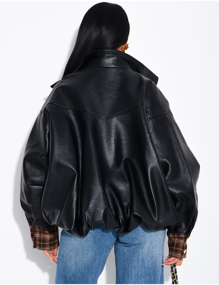 Faux leather jacket with plaid collar and cuffs