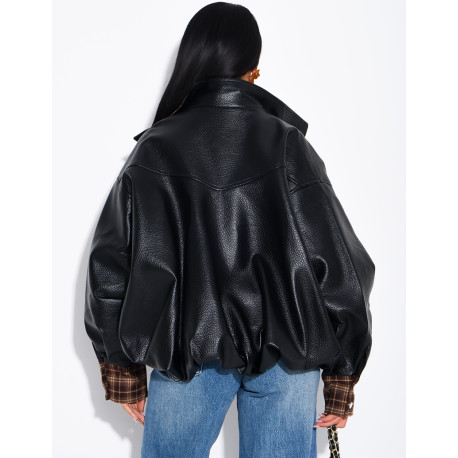 Faux leather jacket with plaid collar and cuffs