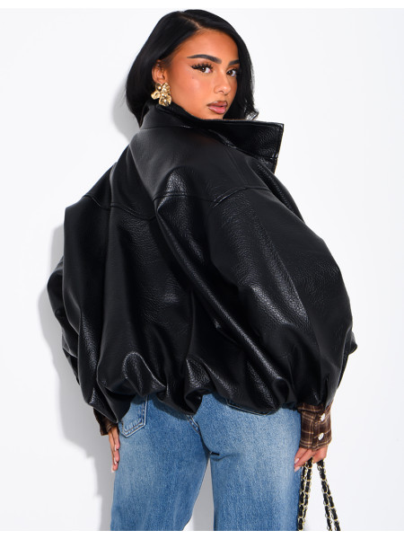 Faux leather jacket with plaid collar and cuffs