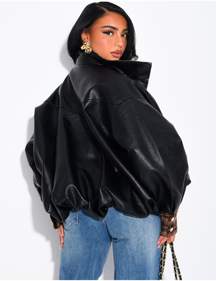 Faux leather jacket with plaid collar and cuffs