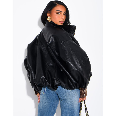 Faux leather jacket with plaid collar and cuffs