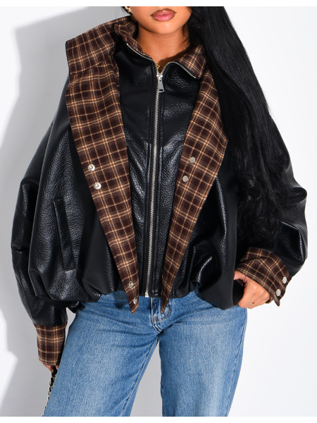 Faux leather jacket with plaid collar and cuffs