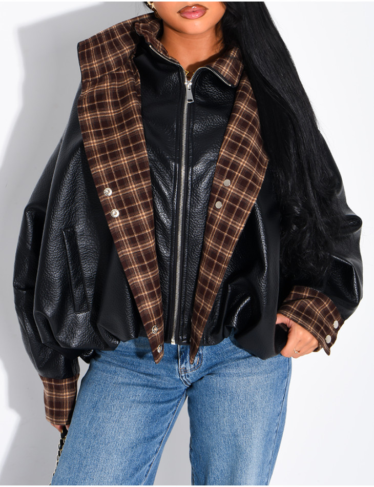 Faux leather jacket with plaid collar and cuffs