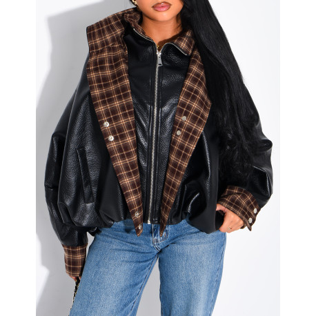 Faux leather jacket with plaid collar and cuffs