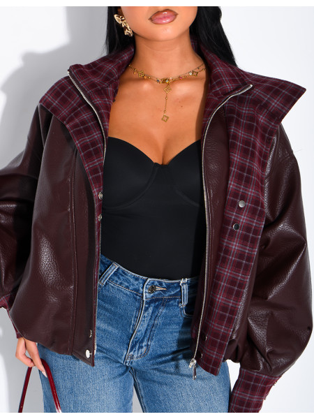 Kunstlederjacke mit kariertem Kragen und Manschetten