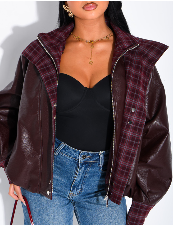 Kunstlederjacke mit kariertem Kragen und Manschetten