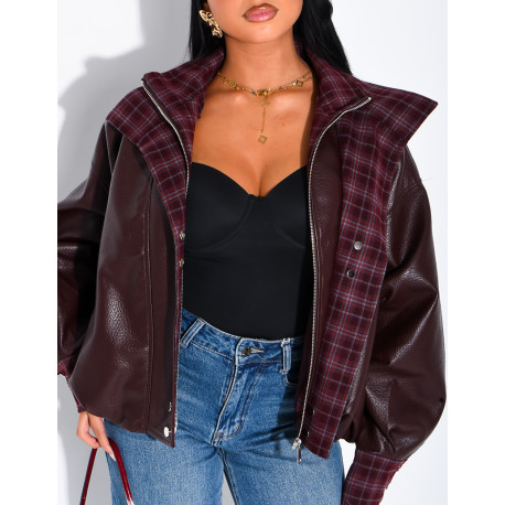 Kunstlederjacke mit kariertem Kragen und Manschetten