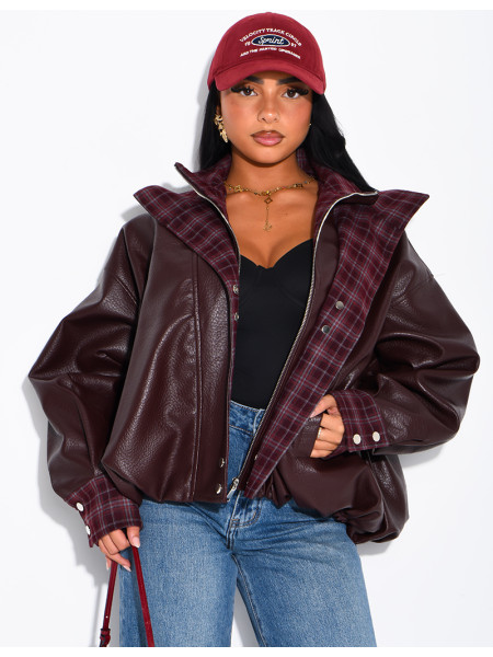 Kunstlederjacke mit kariertem Kragen und Manschetten