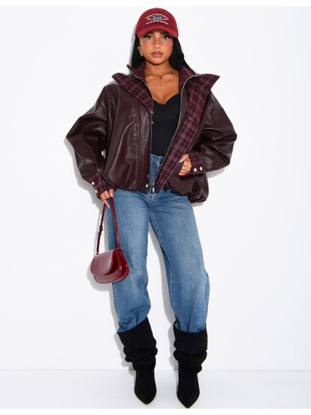 Kunstlederjacke mit kariertem Kragen und Manschetten