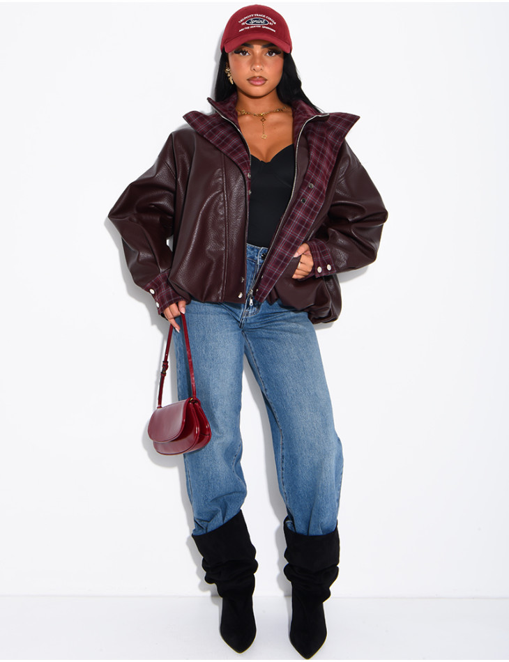 Kunstlederjacke mit kariertem Kragen und Manschetten