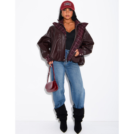 Kunstlederjacke mit kariertem Kragen und Manschetten