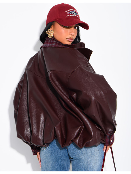 Kunstlederjacke mit kariertem Kragen und Manschetten