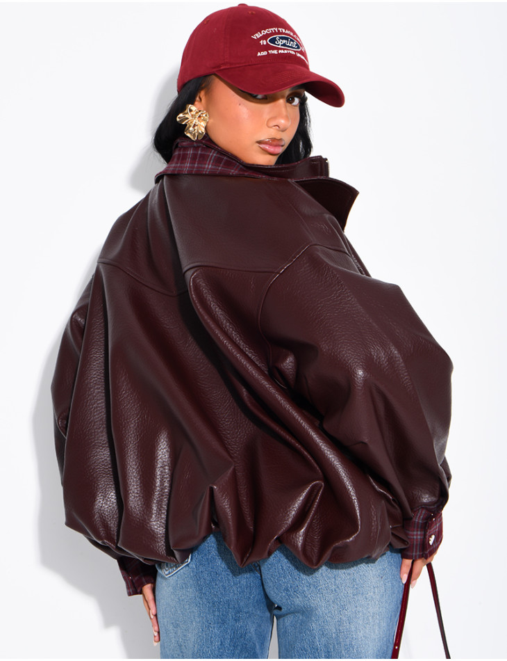 Kunstlederjacke mit kariertem Kragen und Manschetten