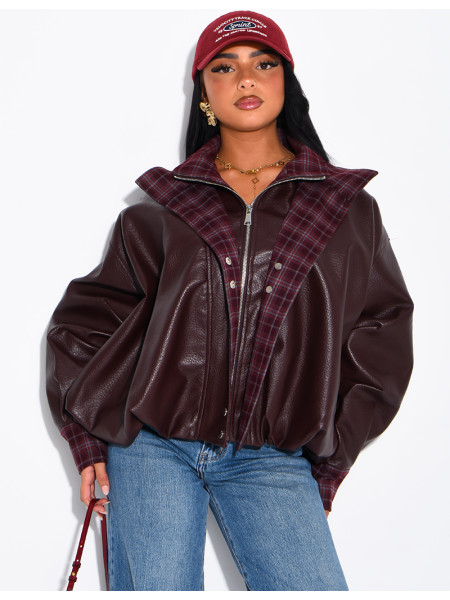Kunstlederjacke mit kariertem Kragen und Manschetten