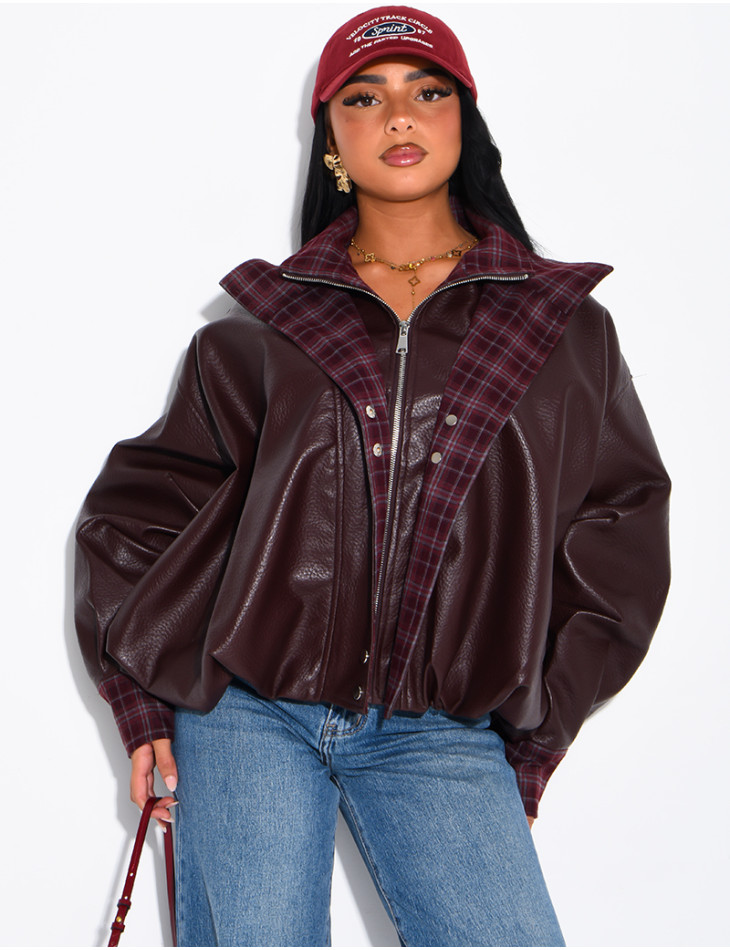 Kunstlederjacke mit kariertem Kragen und Manschetten