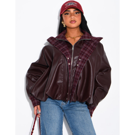 Kunstlederjacke mit kariertem Kragen und Manschetten