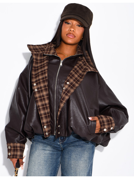 Faux leather jacket with plaid collar and cuffs