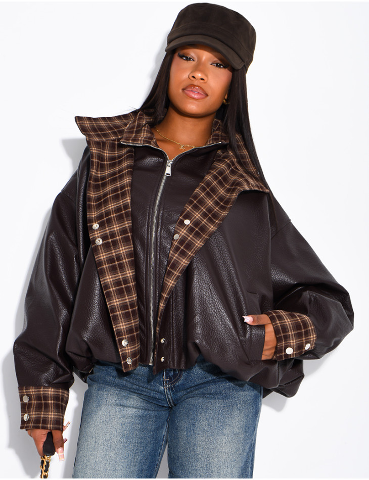 Faux leather jacket with plaid collar and cuffs