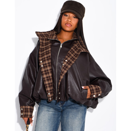 Faux leather jacket with plaid collar and cuffs