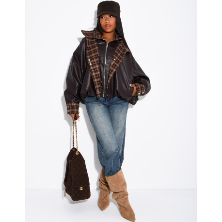 Faux leather jacket with plaid collar and cuffs