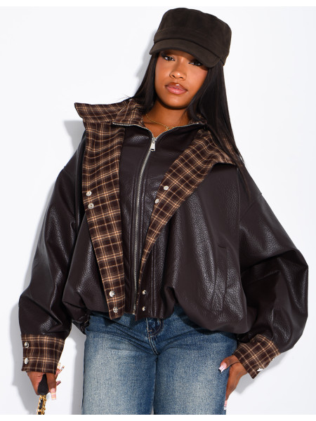 Faux leather jacket with plaid collar and cuffs
