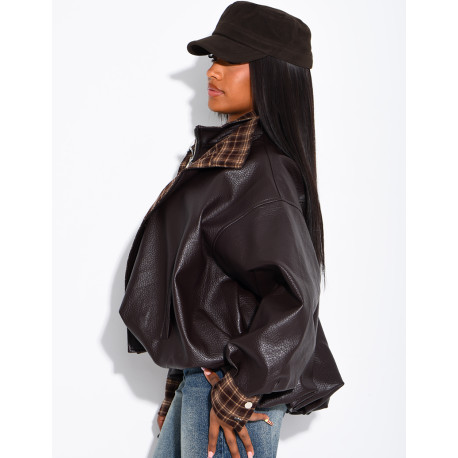 Faux leather jacket with plaid collar and cuffs