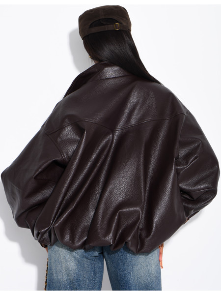 Faux leather jacket with plaid collar and cuffs