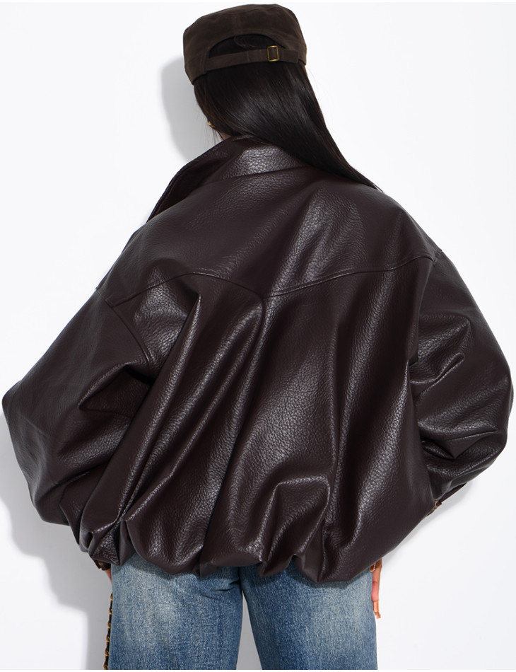 Faux leather jacket with plaid collar and cuffs
