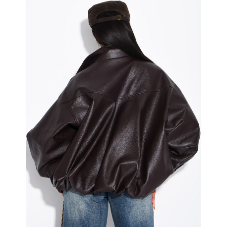 Faux leather jacket with plaid collar and cuffs
