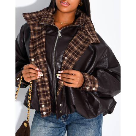 Faux leather jacket with plaid collar and cuffs