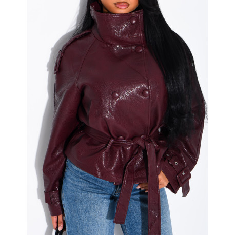 Short, textured faux leather Perfecto jacket with a belt