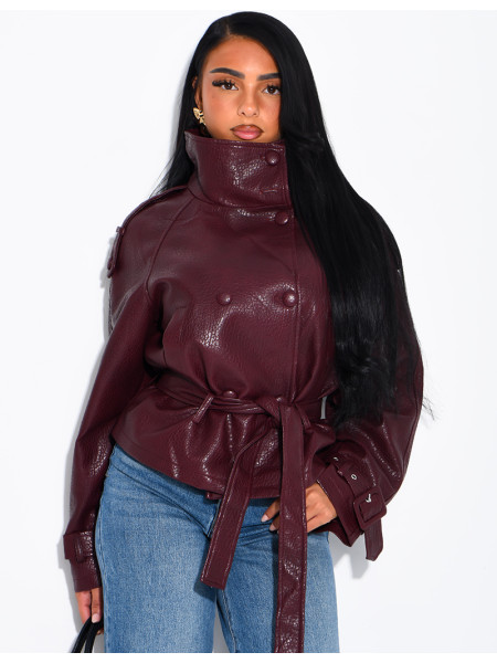 Short, textured faux leather Perfecto jacket with a belt