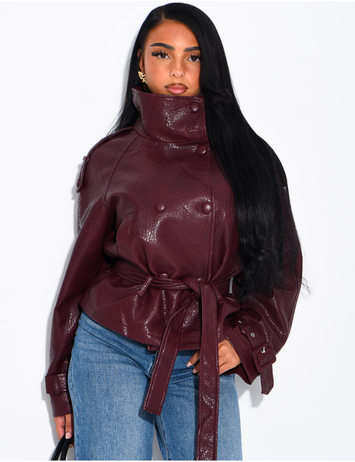Short, textured faux leather Perfecto jacket with a belt