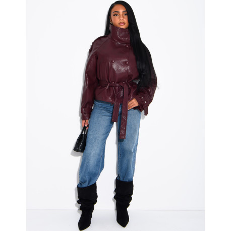 Short, textured faux leather Perfecto jacket with a belt