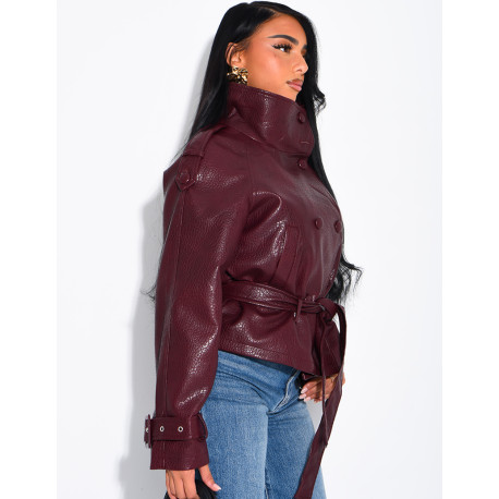 Short, textured faux leather Perfecto jacket with a belt