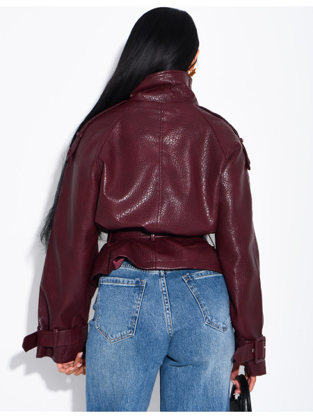 Short, textured faux leather Perfecto jacket with a belt