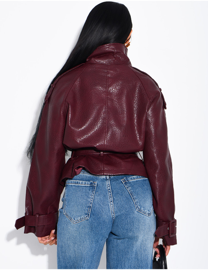 Short, textured faux leather Perfecto jacket with a belt