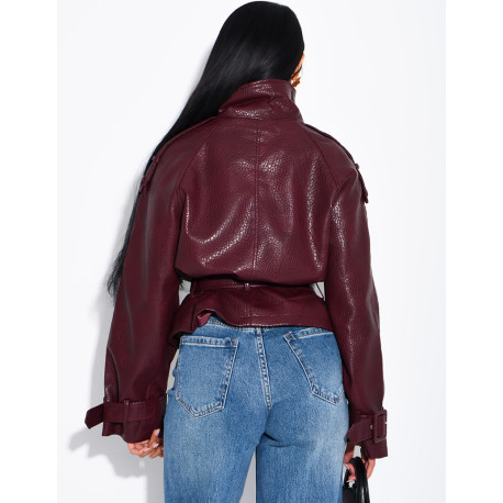 Short, textured faux leather Perfecto jacket with a belt