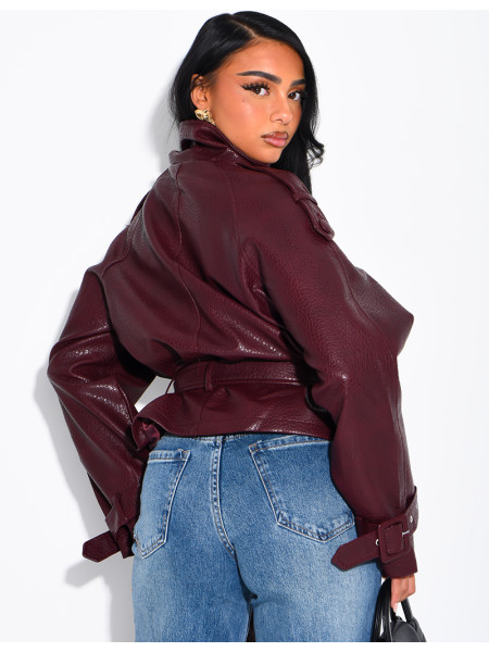 Short, textured faux leather Perfecto jacket with a belt