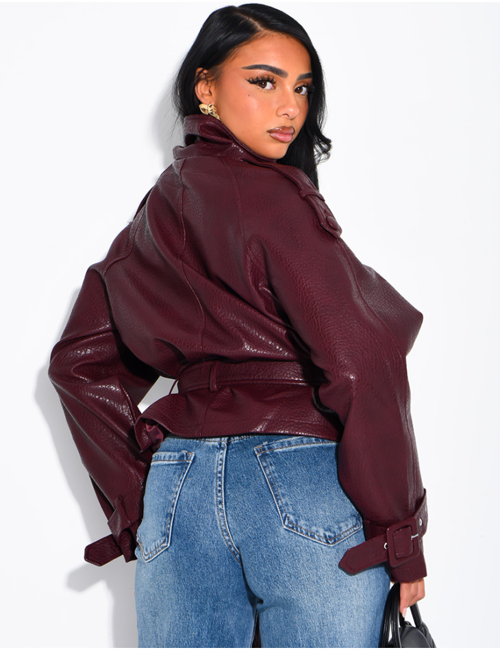 Short, textured faux leather Perfecto jacket with a belt