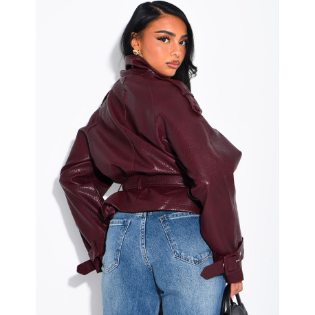 Short, textured faux leather Perfecto jacket with a belt