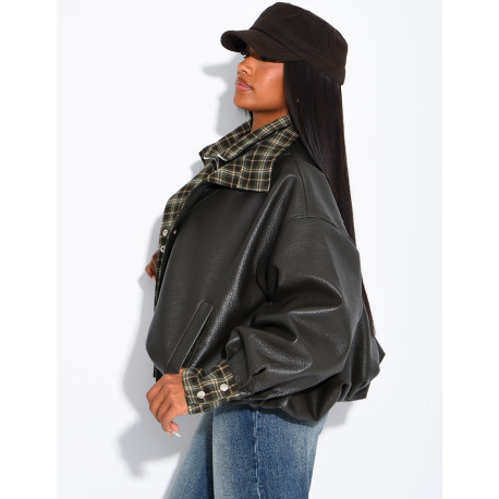Kunstlederjacke mit kariertem Kragen und Manschetten