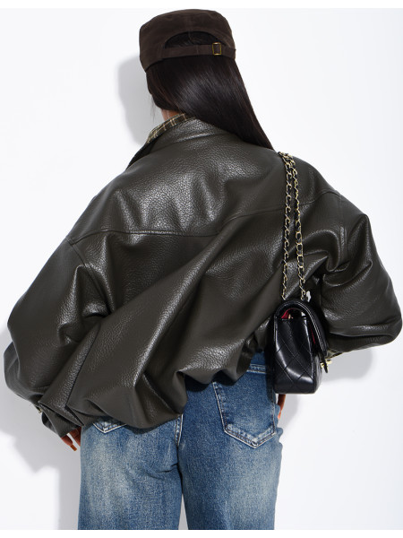 Kunstlederjacke mit kariertem Kragen und Manschetten