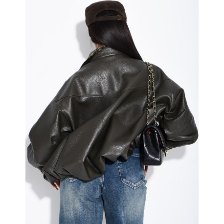 Kunstlederjacke mit kariertem Kragen und Manschetten