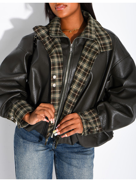 Kunstlederjacke mit kariertem Kragen und Manschetten